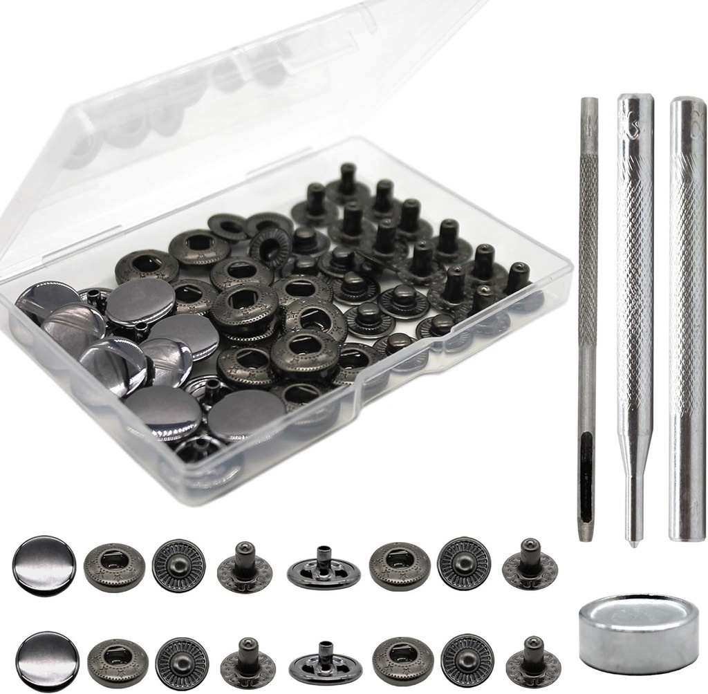 Raydodo 12 Set Leather Snap Fasteners Kit, 15mm Metal Snap Buttons Kit Press Studs with 4 Install Tools, Rivets and Snaps for Clothing, Jeans, Jackets, Bracelets, Bags (Black)