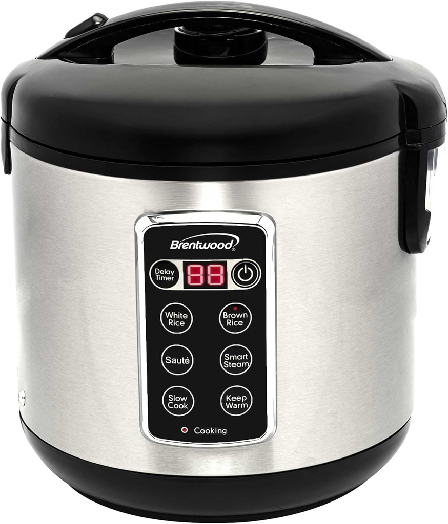 Brentwood 7-Function Smart Rice Multi-Cooker – Food Steamer, Slow Cooker, Sauté, Keep Warm, and 15hr Delay Timer with Spatula and Measuring Cup, Stainless Steel (10 Cups Cooked / 5 Cups Uncooked)