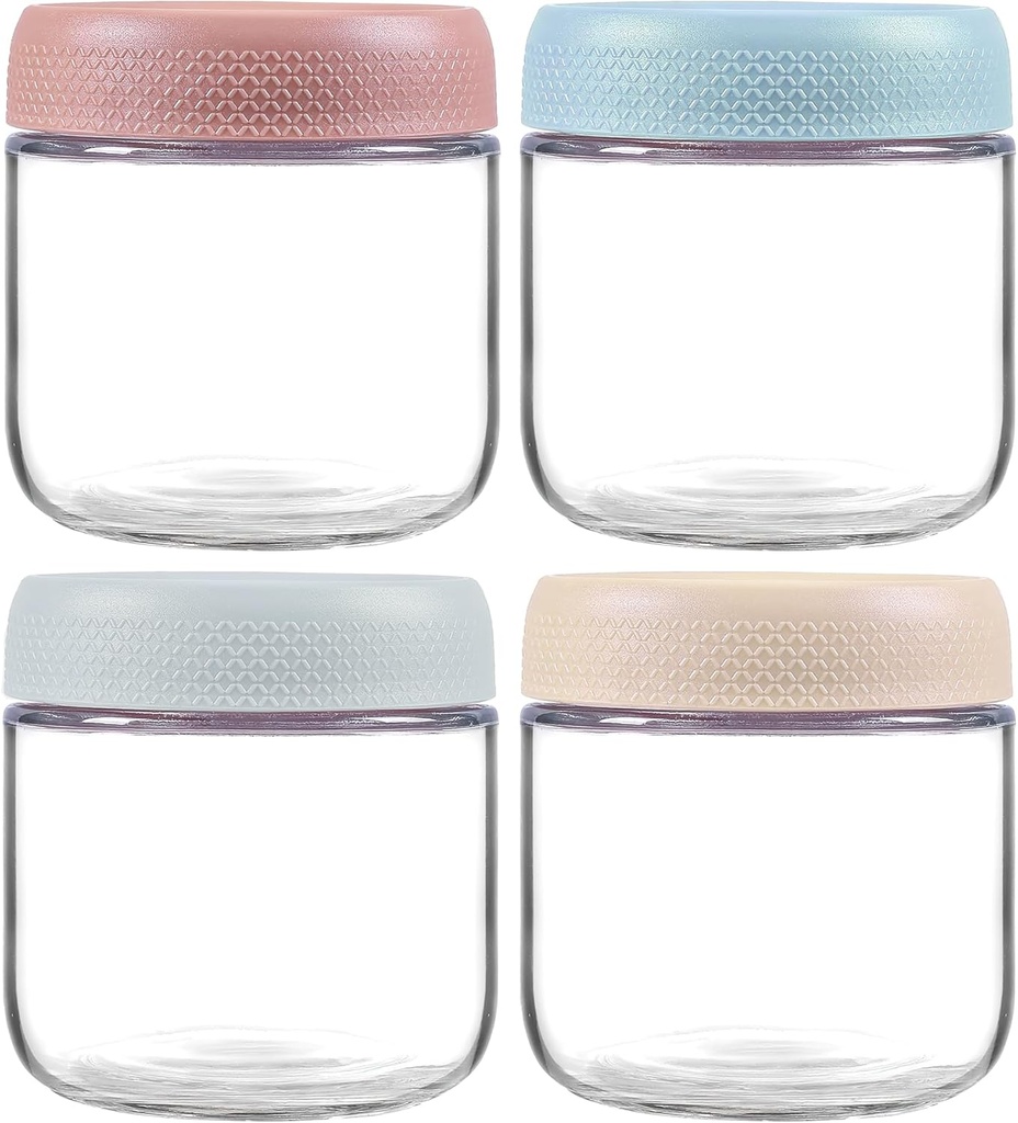 4 Pack Glass Clear Storage Canister with Airtight Lid, 12oz Overnight Oats Containers, Small Cute Decorative Pantry Jar for Snacks, Yogurt, Cereal, Fruit, Salad, Spice, Sugar, Coffee, Tea