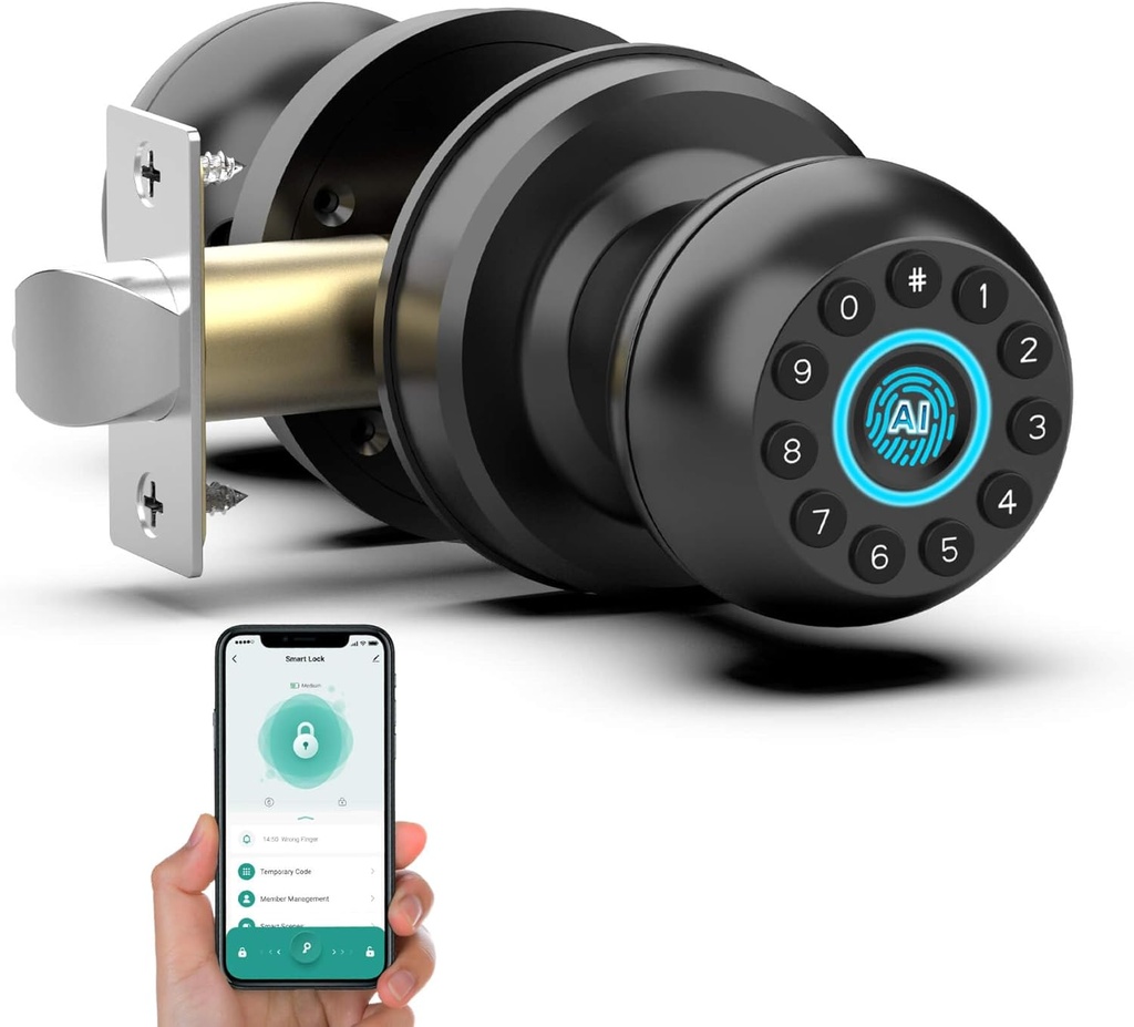 Anweller Smart Door Knob with Lock, Fingerprint Code Keypad Keyless Entry Electronic Digital Biometric Bluetooth App Control Doorknob for Bedroom Interior Apartment Garage - Black