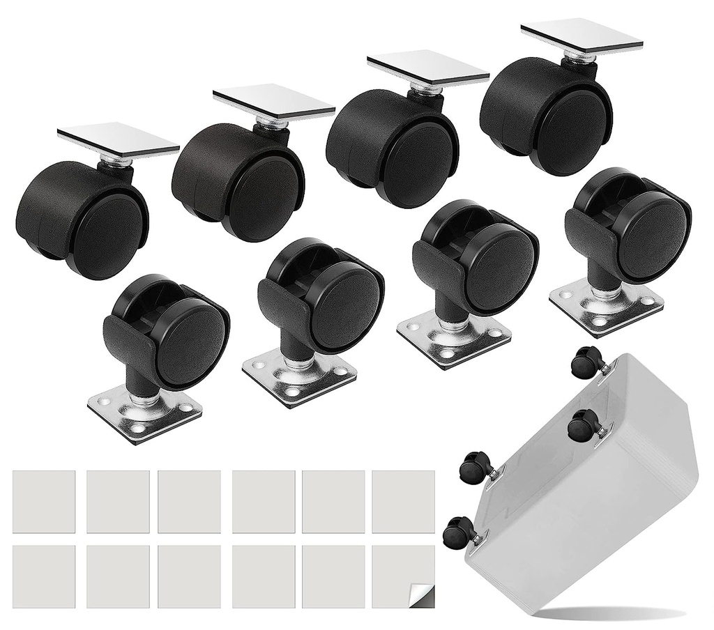8 PCS 1" Free Punching Pastable Plate Caster with Stickers and Screws, Self Adhesive Swivel Wheels, 360° Rotation Universal Wheel, for Small Appliances, Furniture, Trash Can, Storage Box