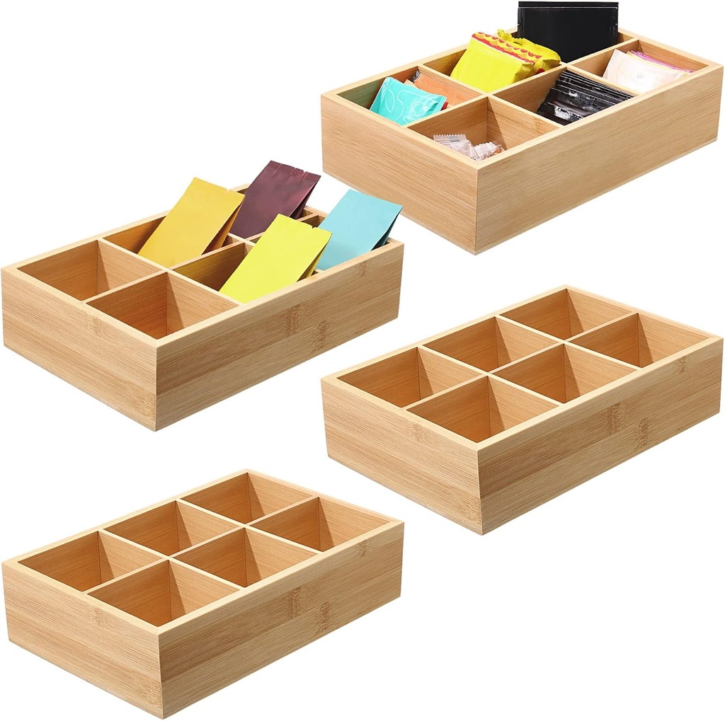 Maitys 4 Pcs Bamboo Divided Storage Organizer Bamboo Container with 6 Compartments Food Storage Bin Wooden Tea Drawer Box Bin Holder Case for Snacks Tea Bags Coffee Sugar
