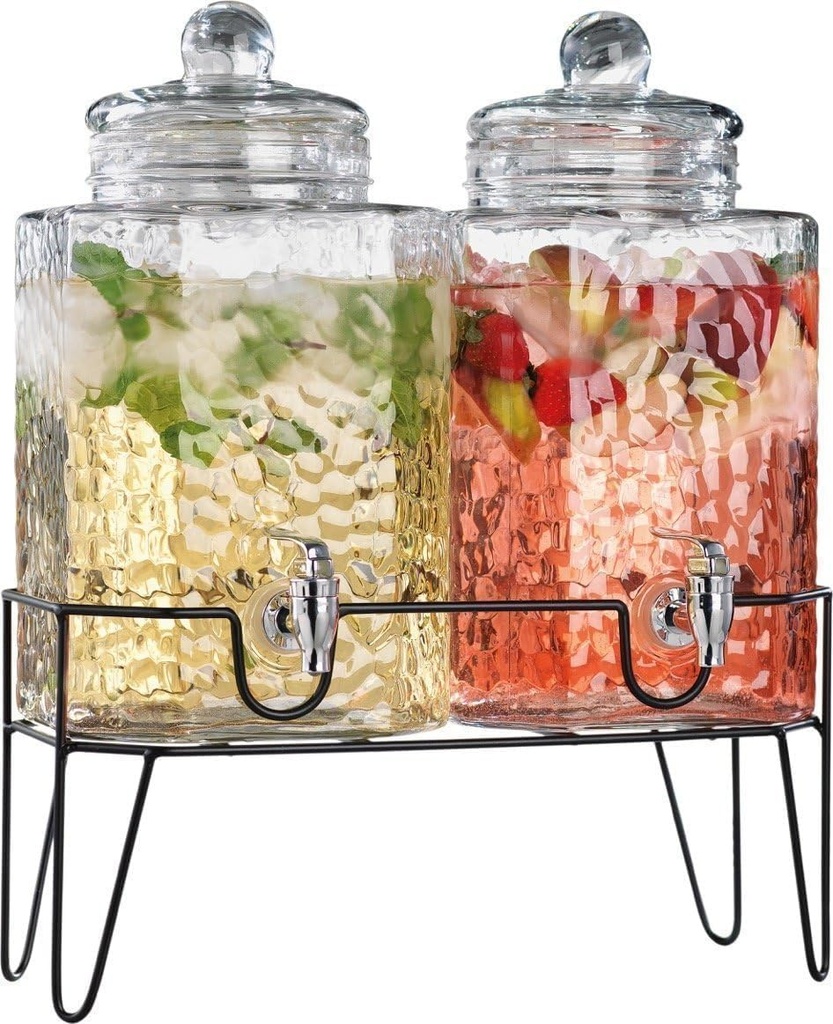 Beverage Dispensers - Set of 2 Glass Drink Dispensers with Metel Stand - 1.5-Gallon Capacity - Perfect for Lemonade, Juice, Water, Iced Tea, Punch