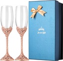 Champagne Flutes - Crystal Glass Metal Base With Crystal Stones, Set of 2 Toasting Flute Pair, Wedding Anniversary Party Birthday Banquets and Gifts for Bride and Groom (Rose Gold)