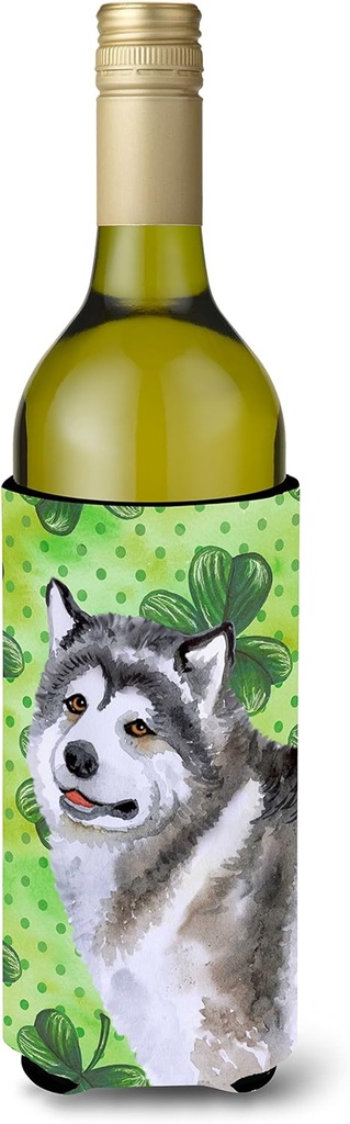 Caroline's Treasures BB9812LITERK Alaskan Malamute St Patrick's Wine Bottle Hugger, Green Bottle Cooler Sleeve Hugger Machine Washable Collapsible Insulator Beverage Insulated Holder