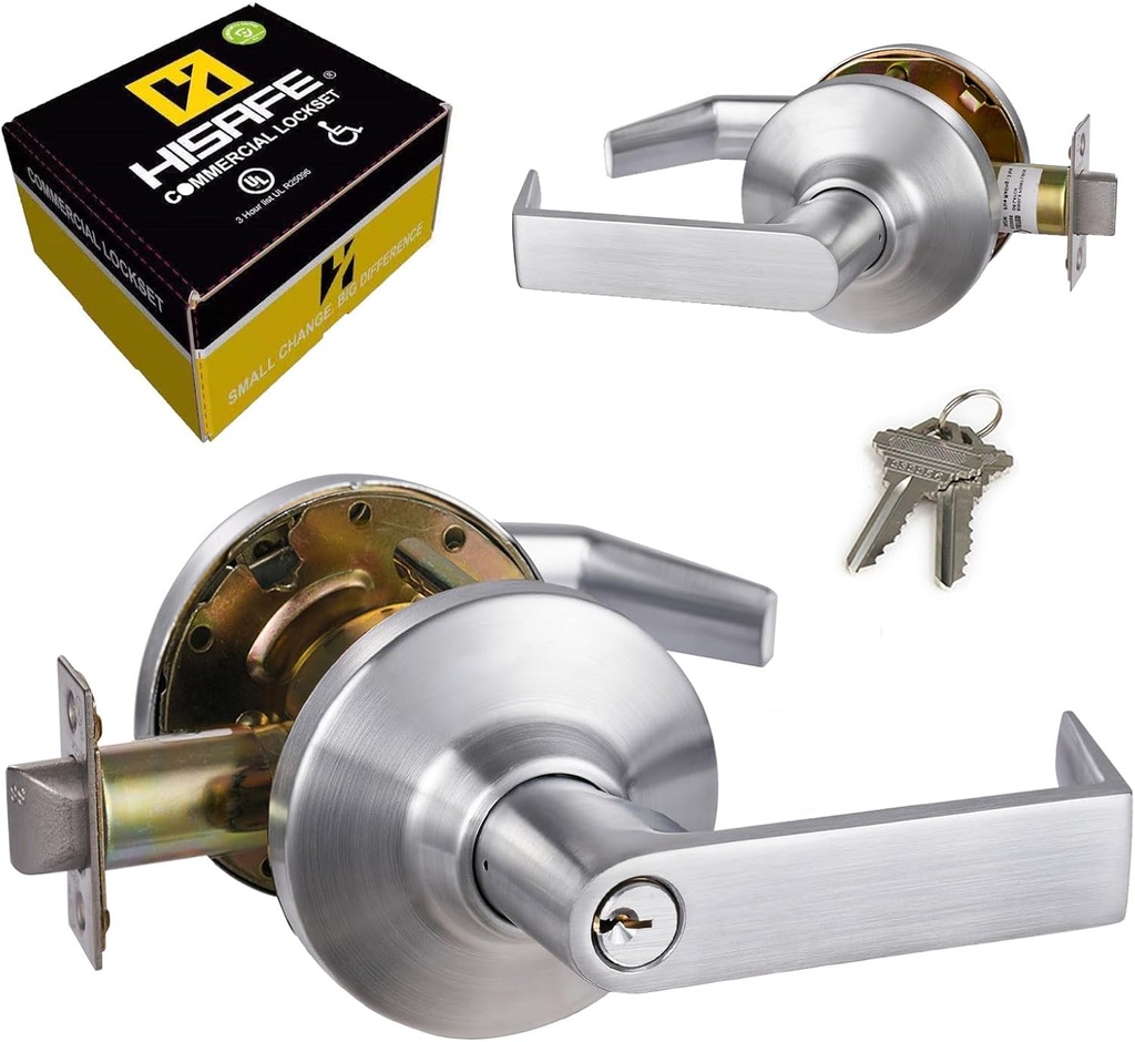 Storeroom Grade 1 Commercial Door Locks Heavy Duty Door Lever in Public Buildings, Non-Handed, UL 3 Hour Fire Rated, ADA Compliant, Brass Latch, 2-3/4''Backset, Satin Chrome 26D