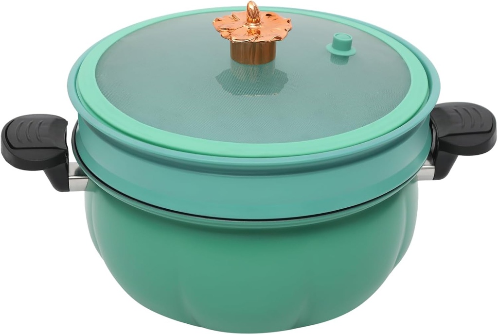 Miniature Pressure Cooker, 8 Liter/2.11 Gallon Pumpkin-Shaped Pressure Cooker with Glass Lid and Steamer Basket, Fast and Even Heating for Soups, Rice and Stews, Safe and Easy to Clean (Green)