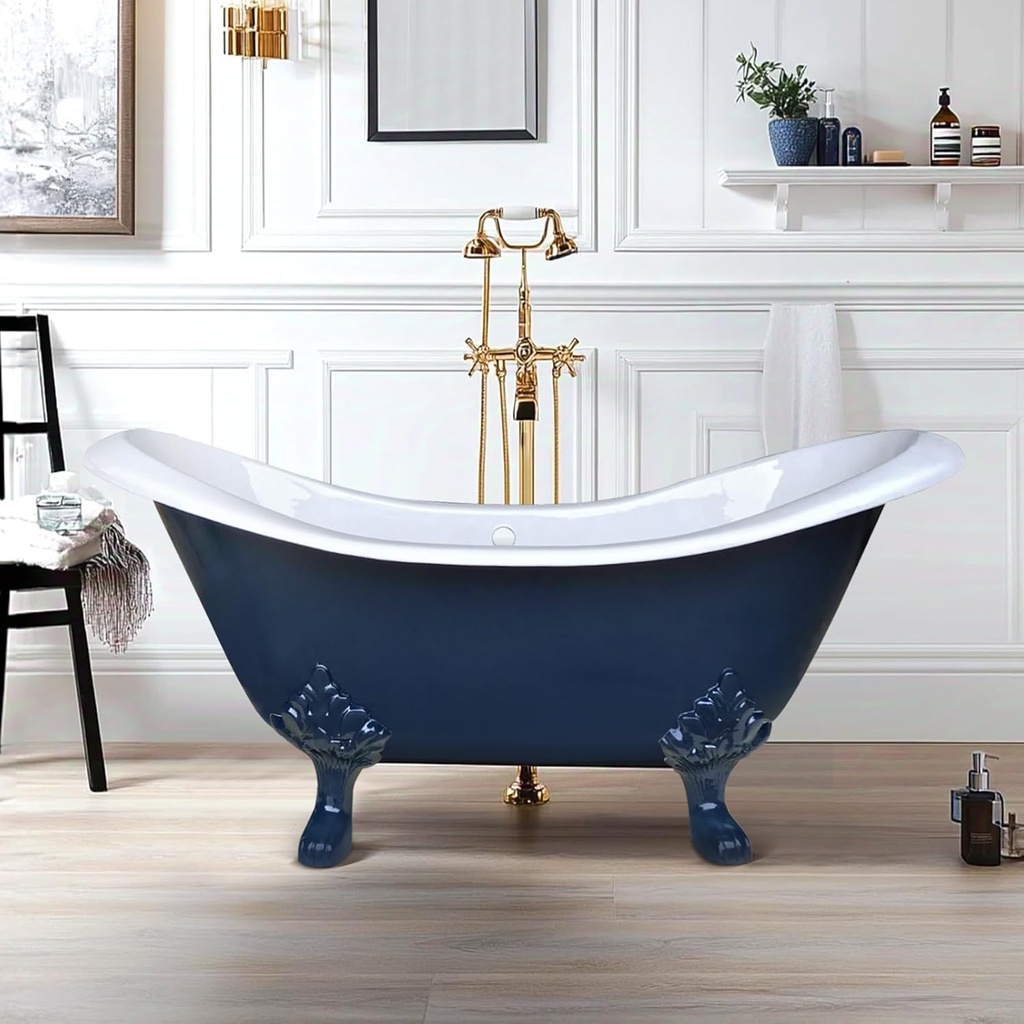 CHETTO C 72" Cast Iron Freestanding Clawfoot Bathtub, Double-ended Soaking Tub with Overflow Drain (BLUE, 72"L x 30"W x 31"H)