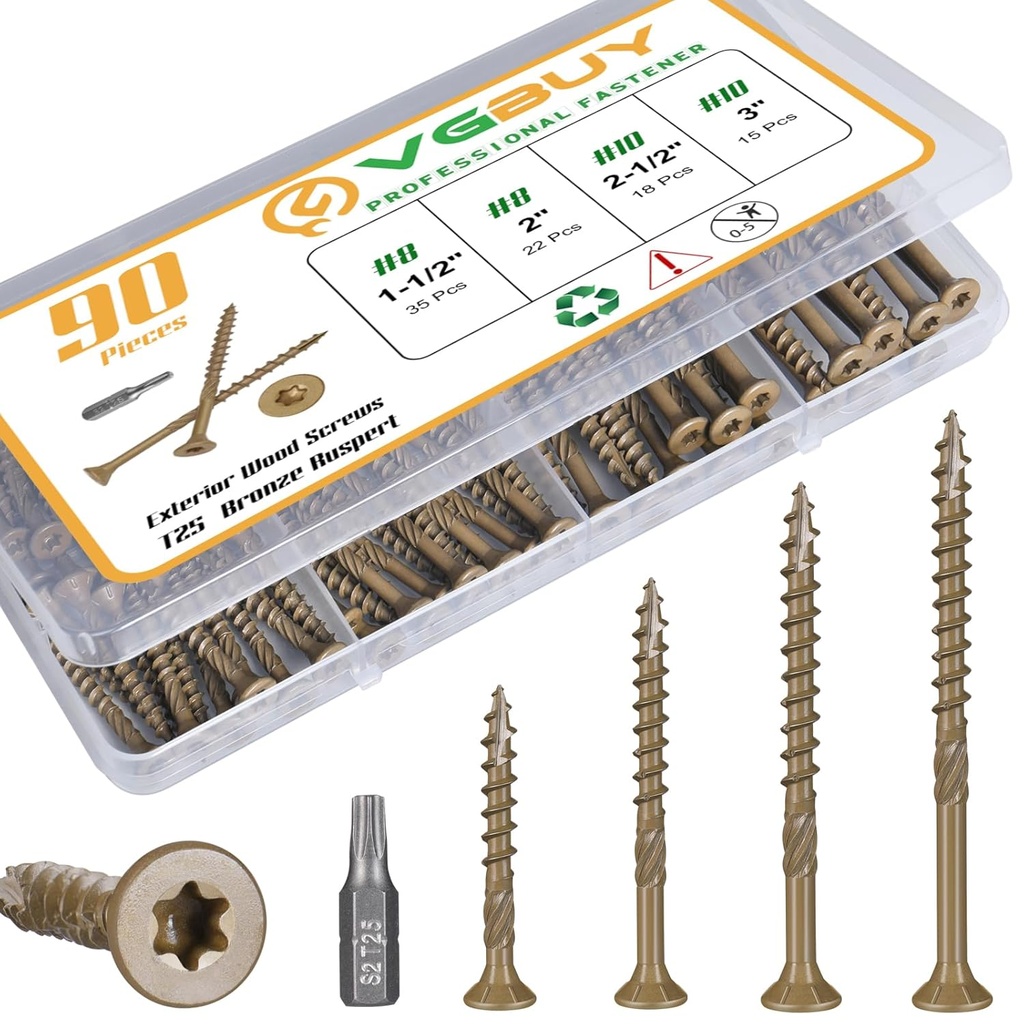 90Pcs Deck Screws, #8#10 Wood Screws Assortment Kit, Heavy-Duty Exterior,Star Drive,Bronze (1-1/2",2",2-1/2",3"),T25 Star Bit