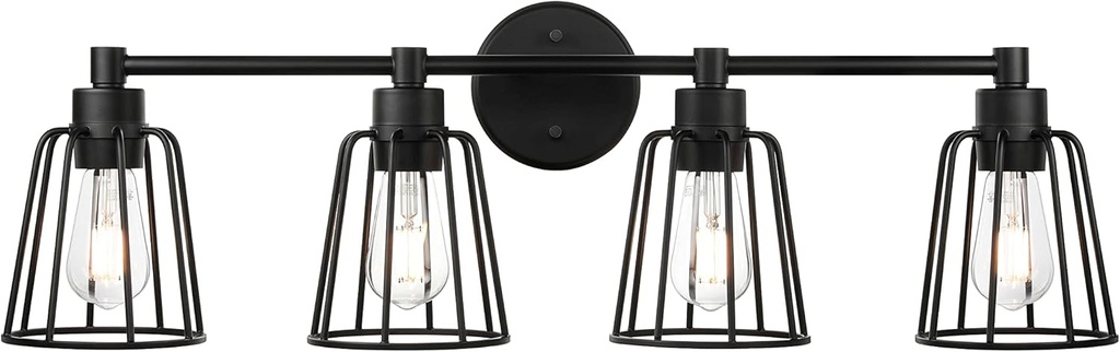 XiNBEi Lighting Farmhouse Vanity Light for Bathroom, 4 Light Industrial Bathroom Lighting Fixtures Over Mirror in Matte Black Finish, Vanity Lights with Cage Shade XB-W1287-4-MB