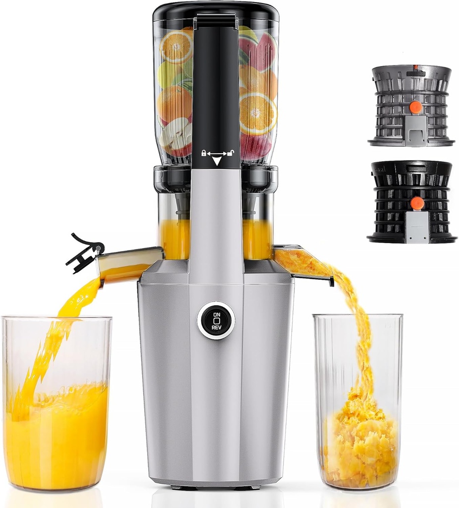 Cold Press Juicer Machine, Slow Masticating Juicer with 96% Yield, Wide Chute for Whole Fruits, Ultra Quiet (<60dB) for Leafy Greens & Celery (Silvery)