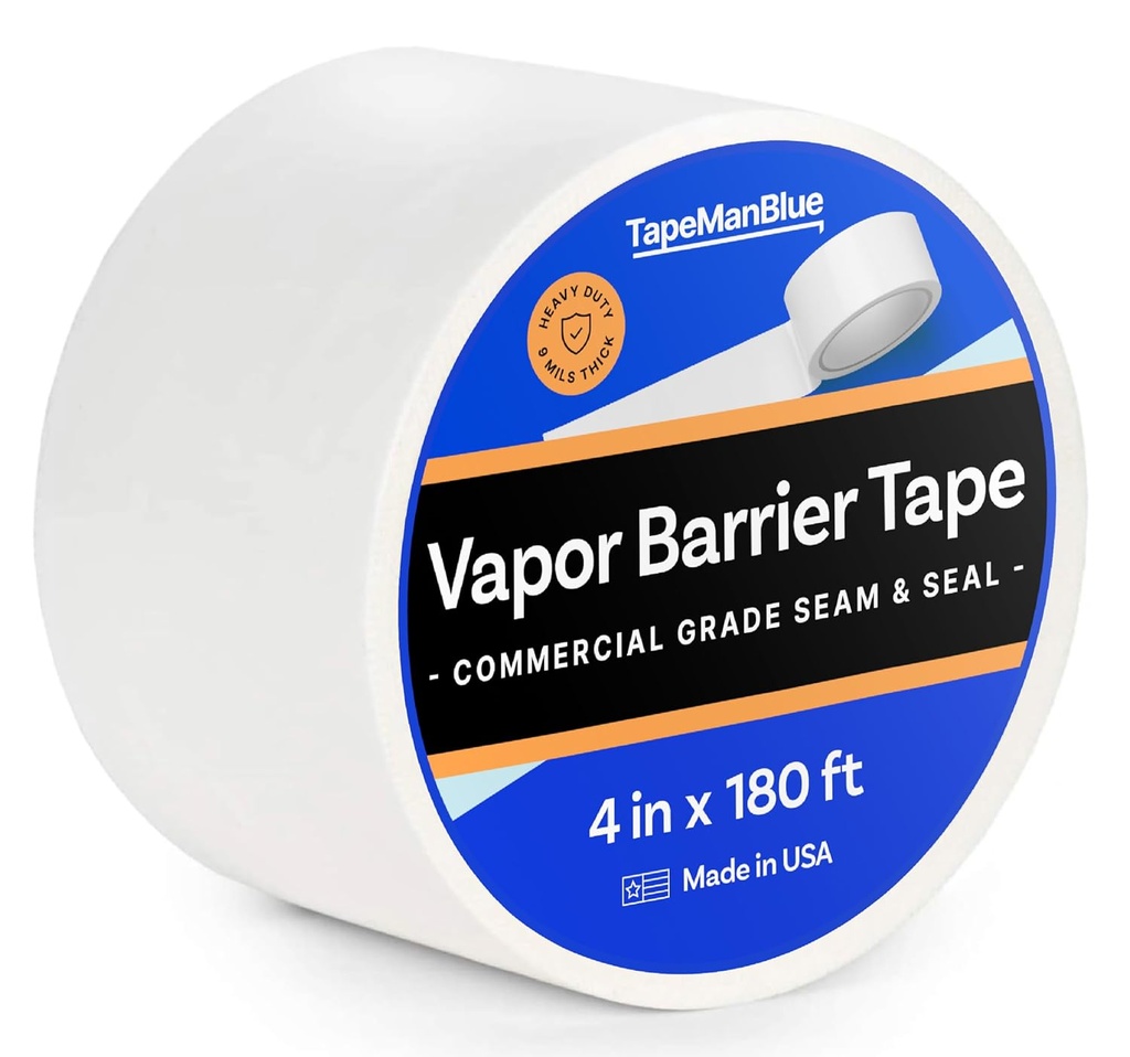 Vapor Barrier Tape - 4 inch x 180' Roll, Made in USA, White Polyethylene Tape for Crawl Spaces & Moisture Barriers, Waterproof Seal & Seam Tape for Underlayment, Insulation, and Plastic Liners (1)