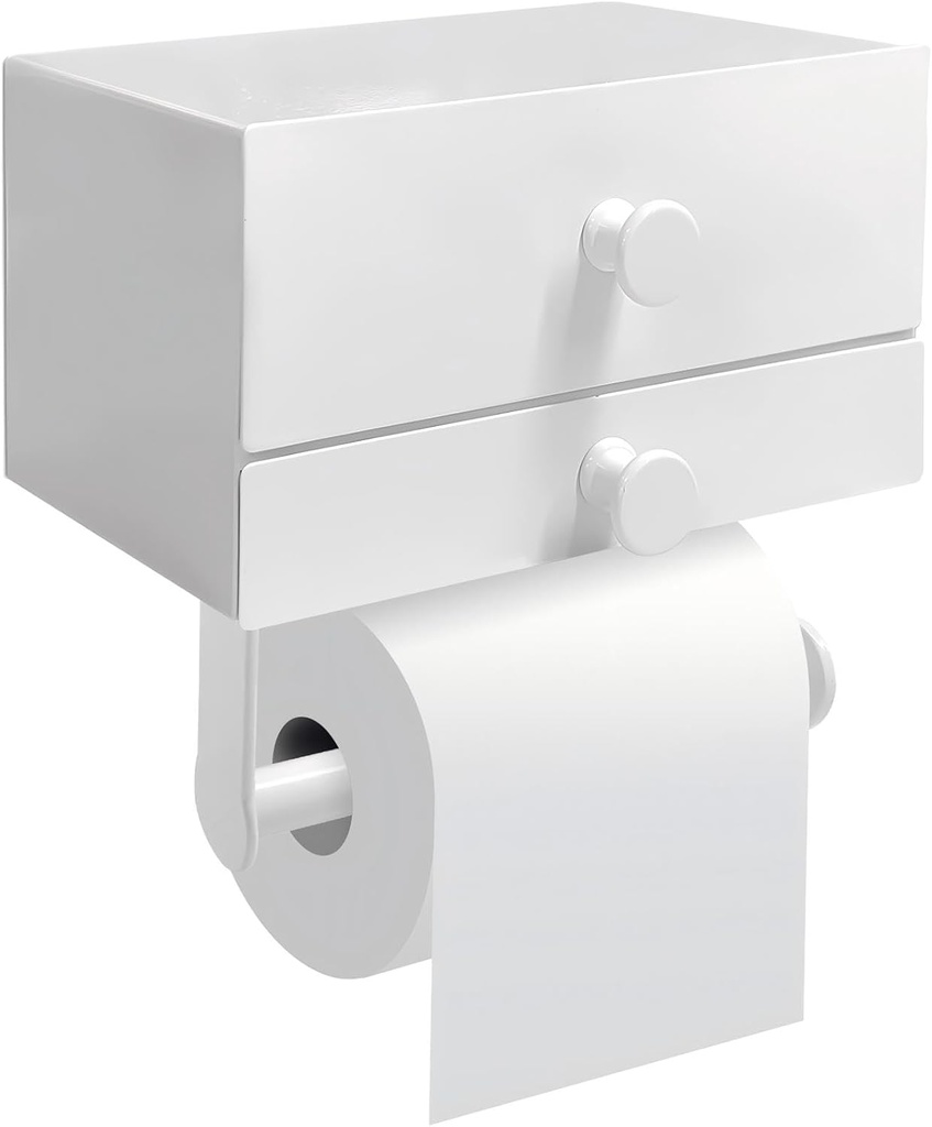 Toilet Paper Holder with Double Layered Drawer for Bathroom, White Flushable Toilet Paper and Wipes Holder, Adhesive or Screw Wall Mounted Aluminum Toilet Paper Roll Holder with Storage
