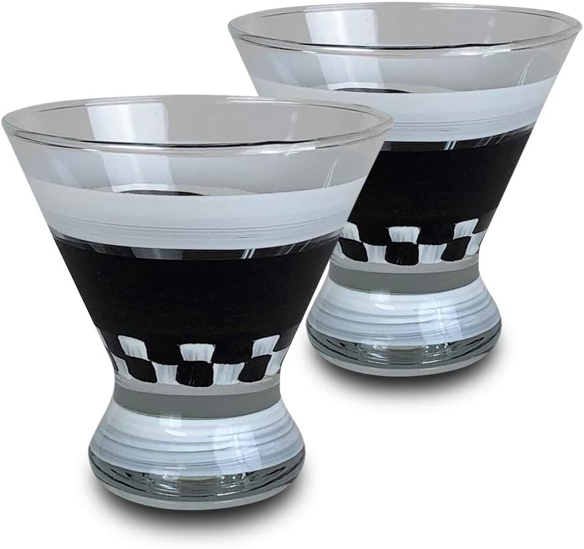 Hand Painted Cosmopolitan Glasses Set of 2 - Black and White Checkered Chalk Collection - Painted Glassware by USA Artists - Uniquely Decorative Glassware, Personalize with Chalk