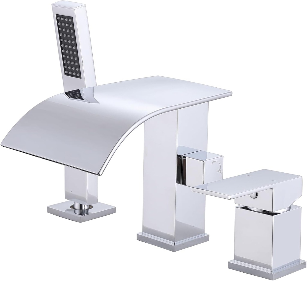Waterfall Roman Tub Faucet with Hand Shower, Deck Mount Tub Filler Bathtub Faucet with Sprayer, Single Handle Bathtub Faucet Set, Brass Widespread 3 Hole Bathtub Shower Faucet Set, Chrome