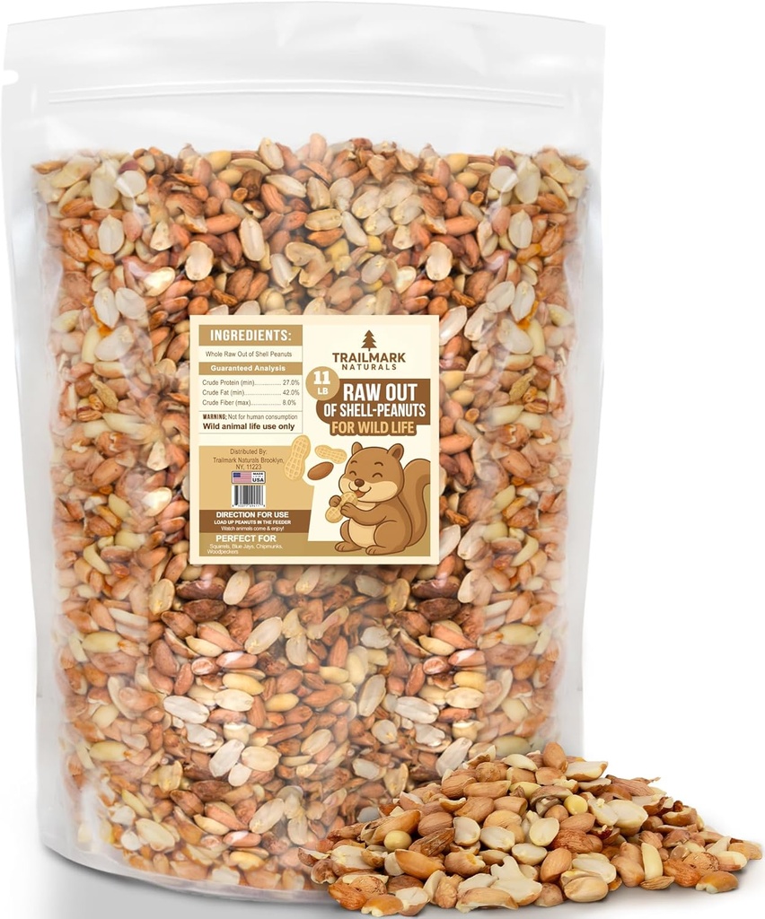 11 LB - Raw Shelled Peanuts for Squirrels, Out of Shell Peanuts for Birds and Wildlife- Squirrel Food, Wild Bird Seed - Grown in The USA
