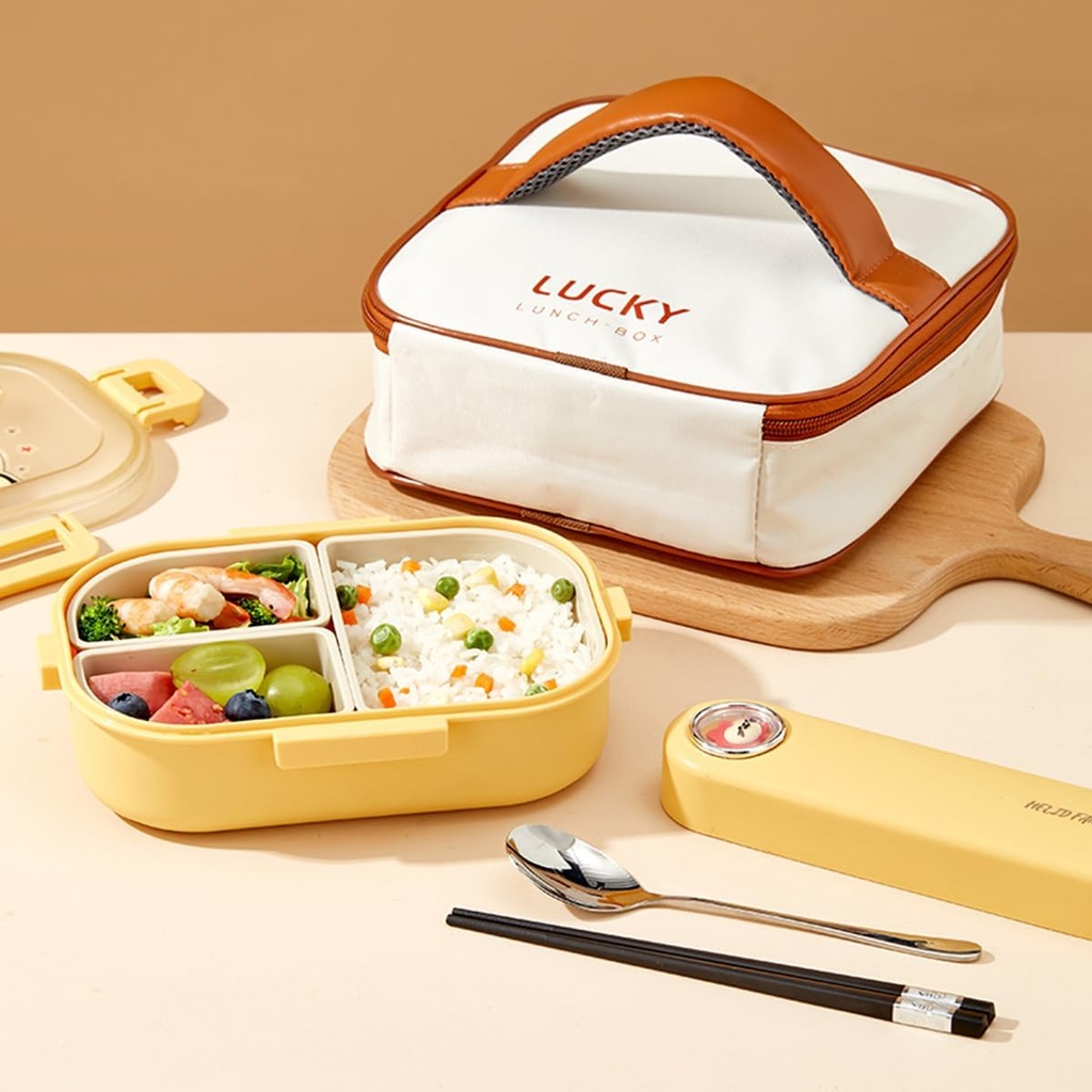 YBOBK HOME Bento Lunch Box 3-Compartments Bento Boxes Portable Leak-proof Portion Control BPA-Free Plastic Lunch Container with Lid for Adult Food Container with Bag & Cutlery Set to Work