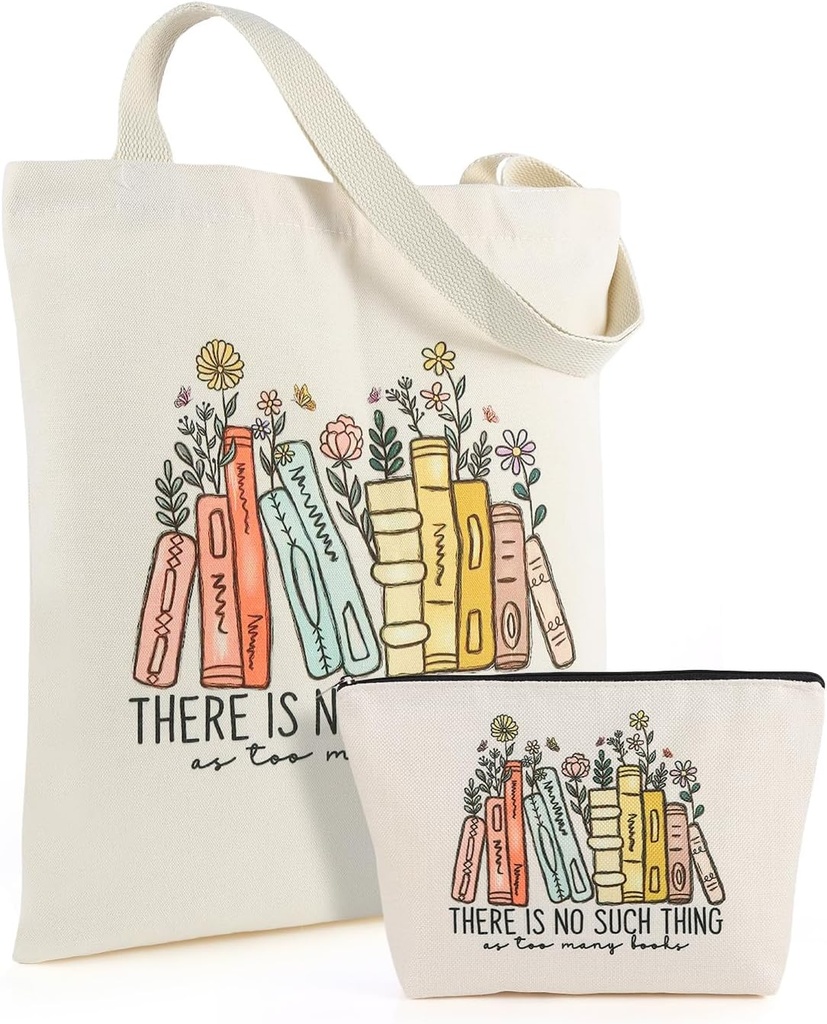 Canvas Book Tote Bag with Makeup Zipper Pouch for Women, 2 Pack Aesthetic Book Tote Bags Gift for Book Lovers, Readers and Librarians