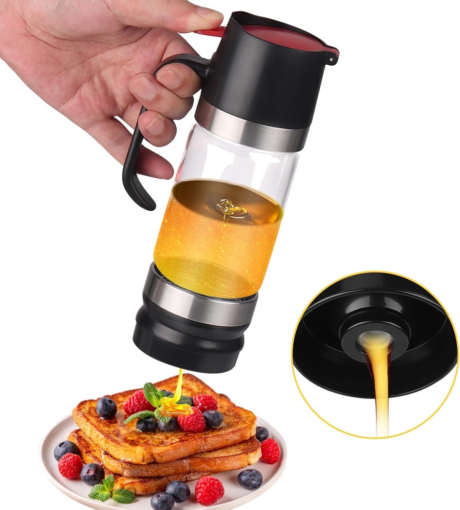 Honey Syrup Dispenser 300ml - Glass Honey Dispenser with Handle, Drip-Proof Syrup Bottle for Coffee Bar, Tea and Beverages - Reusable Coffee Accessory, Black