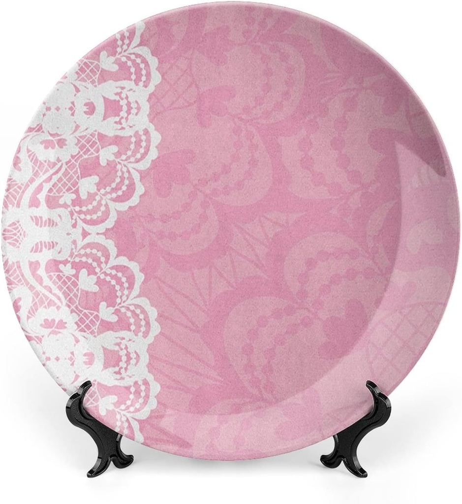 XISUNYA 6 Inch Decorative Plate, Pink and White Ceramic Craft, Vertical Floral Lace Abstract Feminine Design Print Ornament Display Plate Handmade Plate Wedding Gifts, Pink White