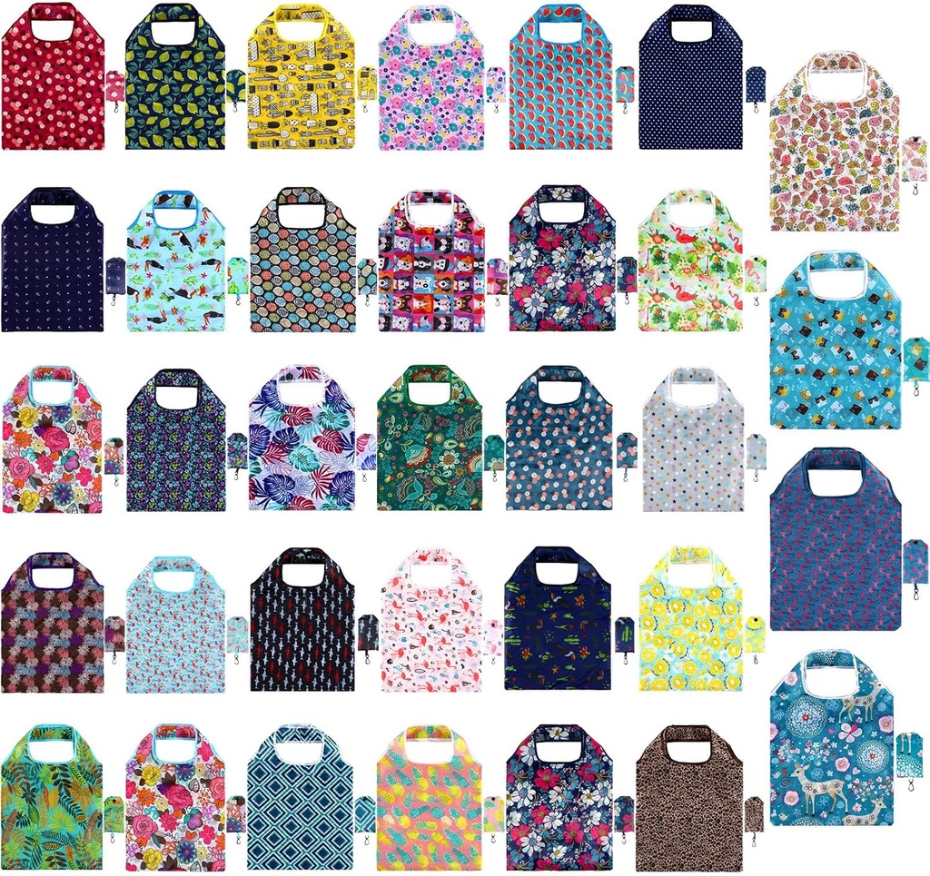 Shappy 34 Pcs Reusable Floral Grocery Bags Foldable Nylon Tote Bags Washable Shopping Bags Extra Large Cute Flower Reusable Bags with Attached Pouch for Women Grocery Shopping Supplies