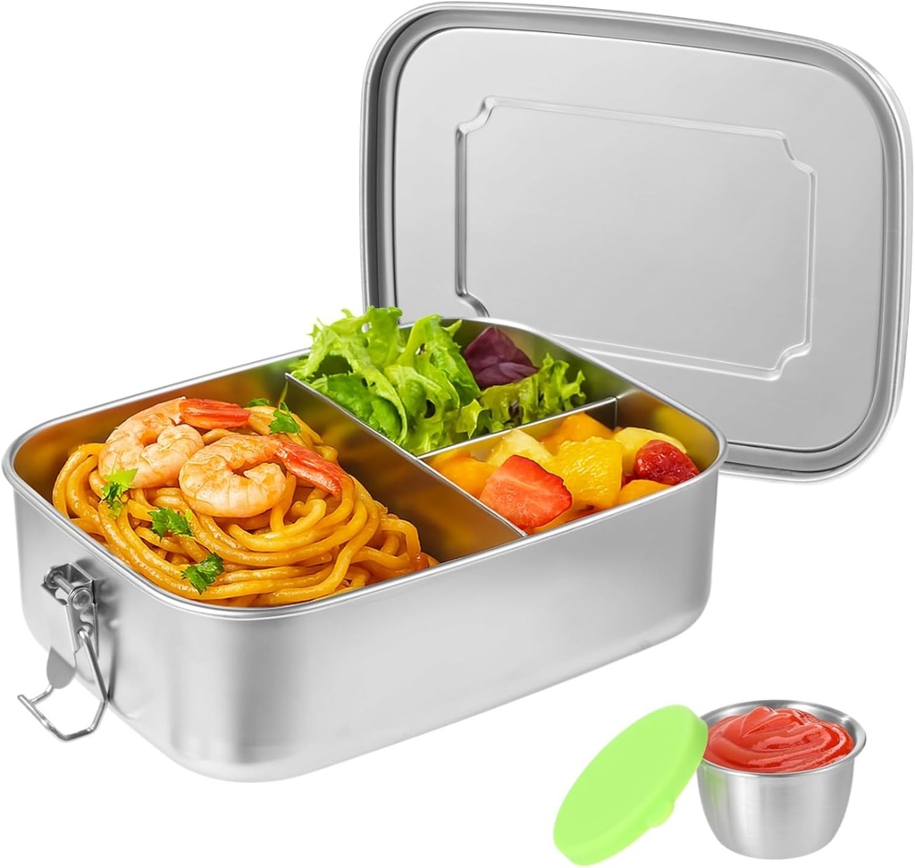 3-Compartment Stainless Steel Bento Box, 1500 ml Large Lunch Container with Locking Clips, 50 oz Airtight Metal Food Container and Leakproof Condiment Cup for Office, Picnic