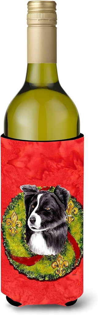 Caroline's Treasures SC9104LITERK Border Collie Christmas Wreath Wine Bottle Hugger Bottle Cooler Sleeve Hugger Machine Washable Collapsible Insulator Beverage Insulated Holder