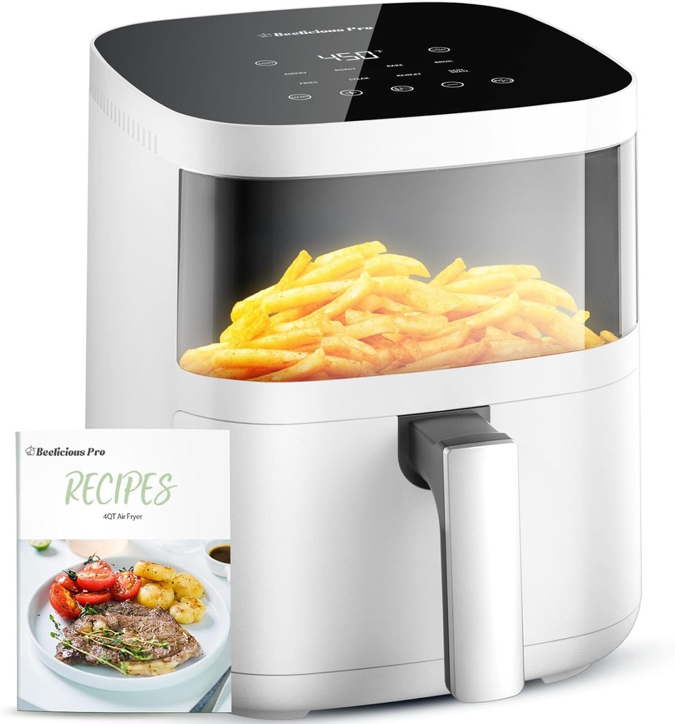 Air Fryer, Beelicious 8-in-1 Smart Compact 4QT Air Fryers, with Viewing Window, Shake Reminder, 450°F Digital Airfryer with Flavor-Lock Tech, Dishwasher-Safe & Nonstick, Pure White