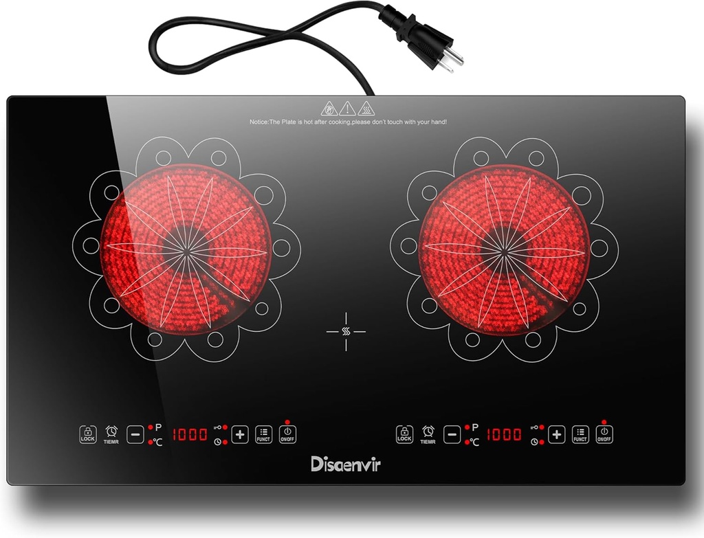 2 Burner Electric Cooktop - 24 Inch Electric Stove Built-in and Countertop, Portable Two Burner Ceramic Cook Top with Child Lock, Timer, Sensor Touch Control, 110V - 120V Plug in