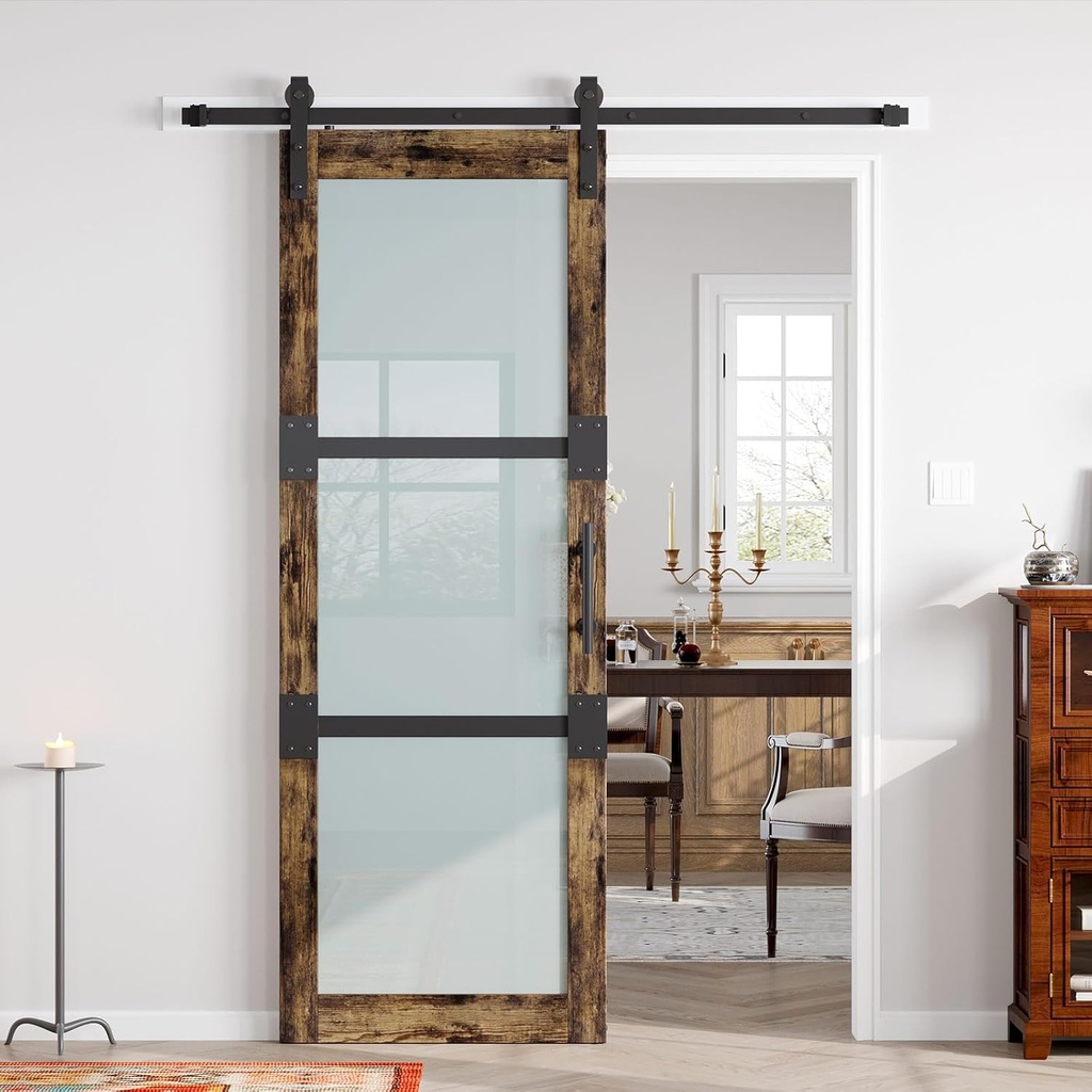 Fredbeck 32x84 Frosted Glass Barn Doors Aluminum Frame and 5.5ft Hardware Kit Included, Waterproof PVC Coating,Pre-Drilled Ready to Assemble，Brown, 3-Panels，Modern Interior Sliding Doors with Glass