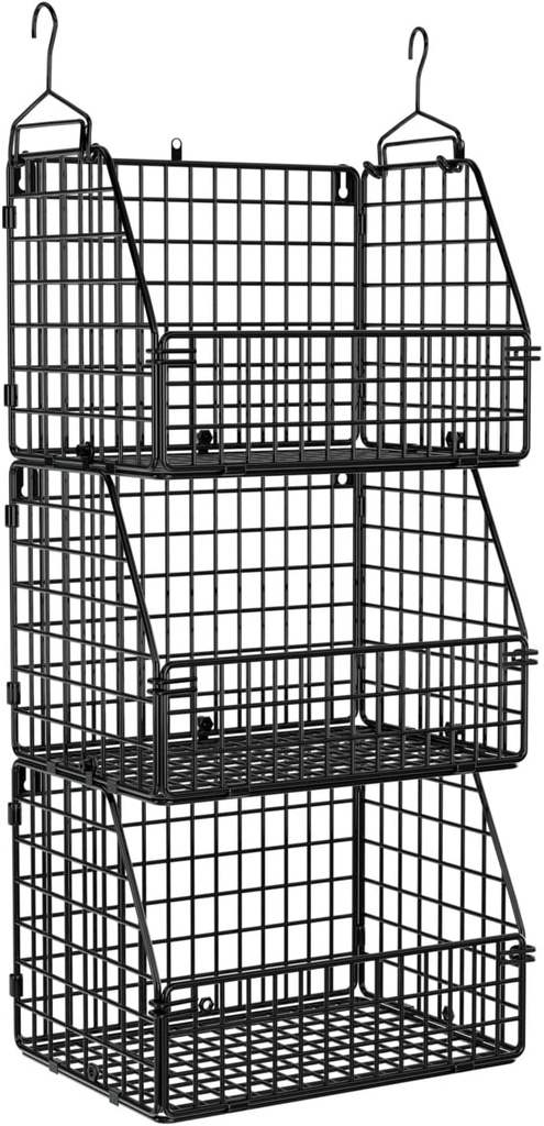 Stackable Wire Storage Baskets for Kitchen Closet Pantry, Hanging Closet Organizers Storage Shelves Organization, Wall Mount Metal Basket Bins, Clothing Vegetable & Fruit Organizer 3 pcs