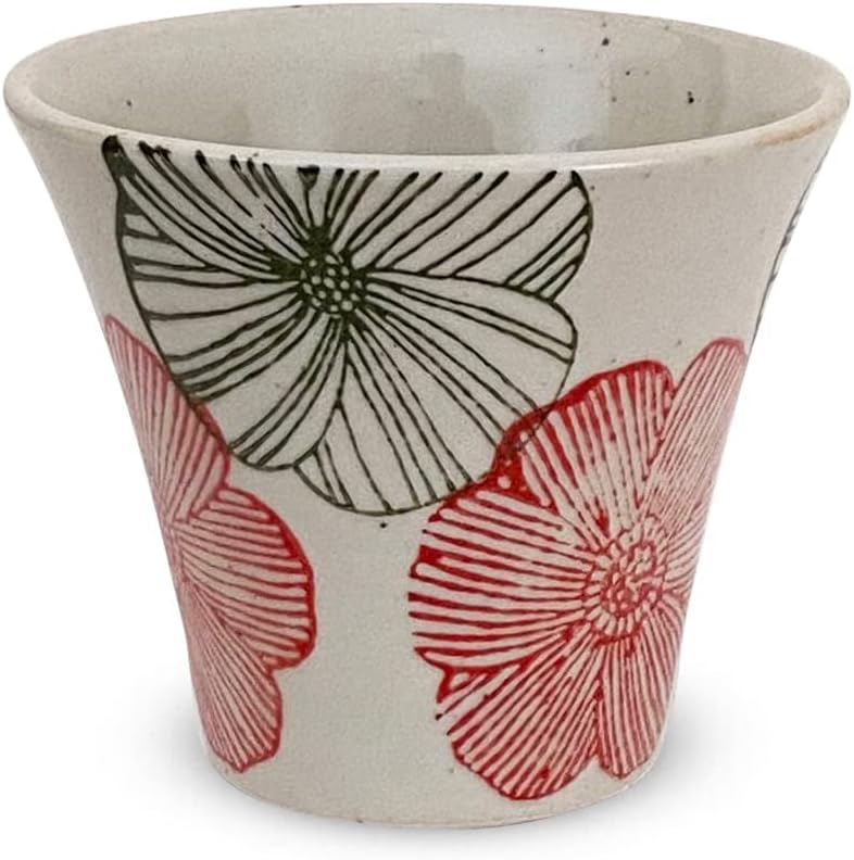 J Kitchens Izan Kiln Japanese Sake Glass Microwave Safe Hasami Ware Made in Japan (Sake/Cold Sake Ochoko Pattern 140cc Pottery) Line Flower Pattern Red