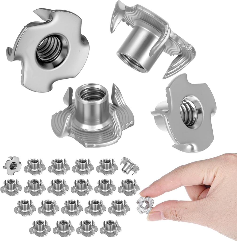 T-Nut Wood Insert 1/4"-20 T-Nut 304 Stainless Steel Threaded Insert 5/16" Barrel Length 4 Pronged Tee Nuts Four-jaw Threaded Inserts for Wood, Rock Climbing Holds, Furniture, Woodworking, 25 PCS