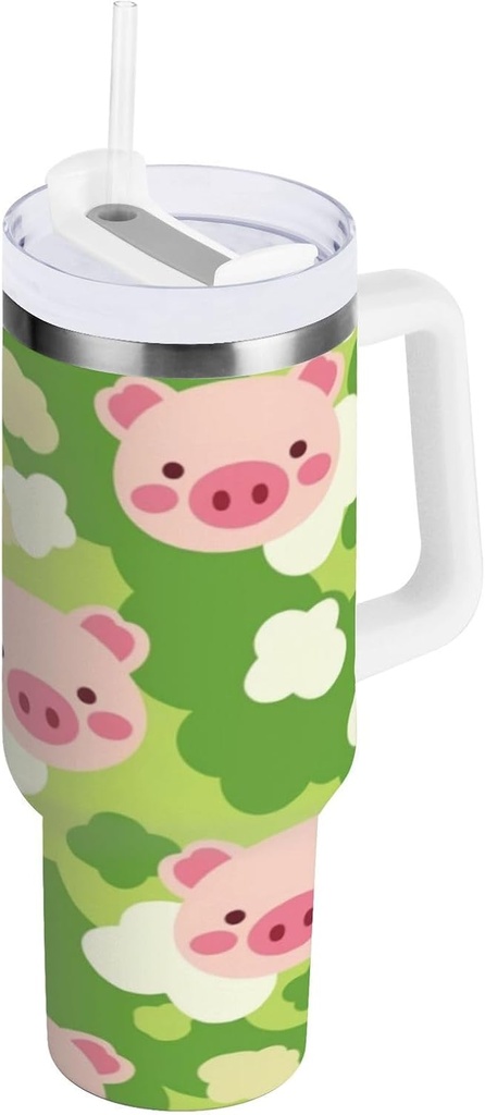 40 oz Tumbler With Handle and Straw Lid, Stainless Steel Vacuum Insulated Tumbler for Water, Iced Tea or Coffee, Easy to Clean (Pig)