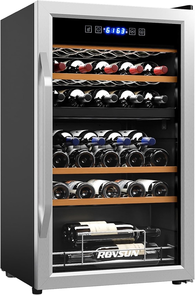 ROVSUN 33 Bottle Wine Fridge, Dual Zone Wine and Beverage Refrigerator with Independent Temp & LED Control Panel, Freestanding Wine Cooler Chiller for Red White Wine, Champagne, Beer