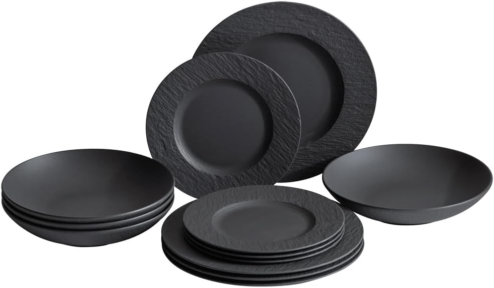 Villeroy & Boch Manufacture Rock 12-Piece Dinnerware Set, Service for 4, Dinner Plates, Salad Plates & Pasta Bowls, Premium Porcelain, Made in Germany, Matte Black