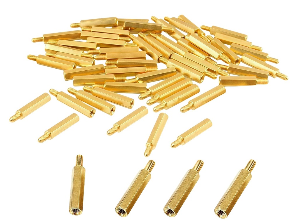 25-Pack M3 Male to Female Screw Standoff Spacers - 26mm (1") Hex Brass Standoffs | M3x20+6mm Thread, Gold Tone for PCB Mounting