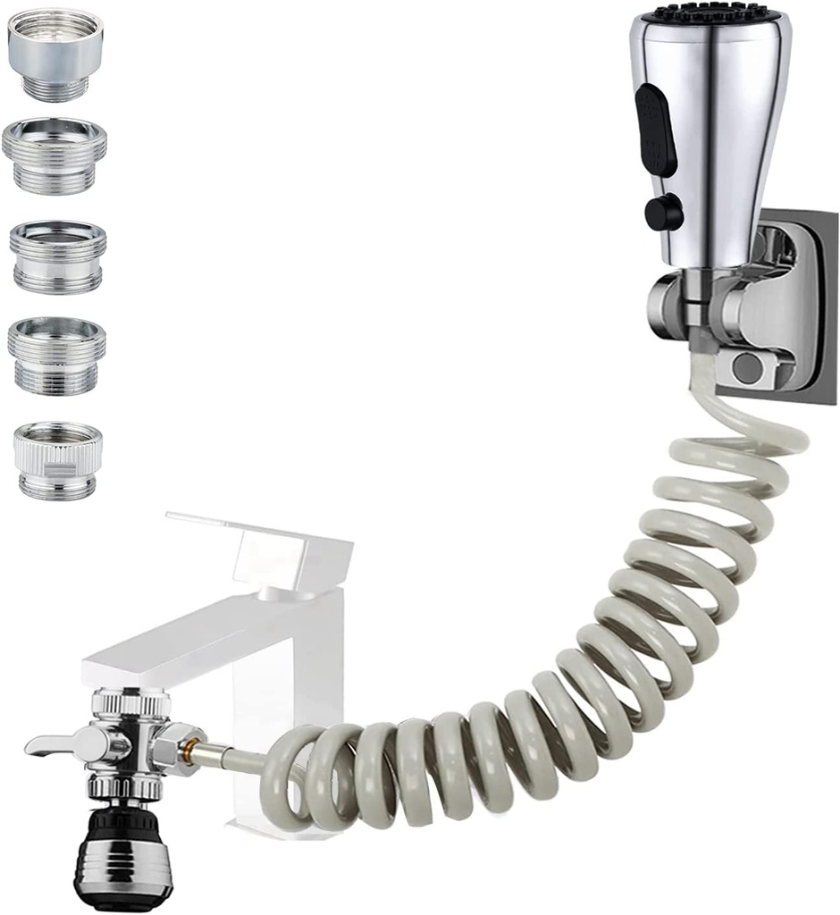Kitchen Faucet Hose Attachment, Sink Sprayer Attachment with Sprayer Replacement Head, 79” Recoil Hose, Pressurized Faucet Aerator and Diverter Valve (5 Adapters) for Washing Fruit/Dishes, Pet Shower