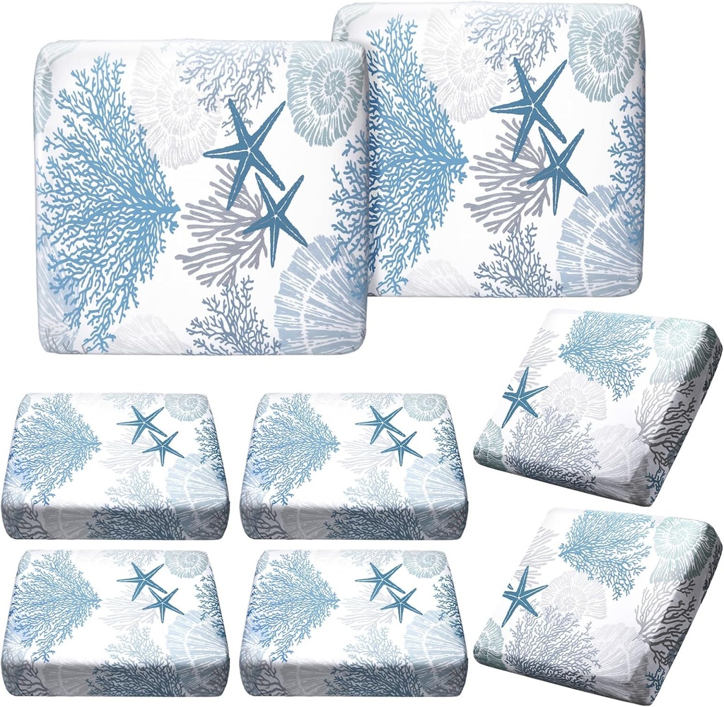 Hosuly 8 Pcs Summer Sofa Cushion Cover Patio Stretch Beach Outdoor Seat Cushions Covers Starfish Seashell Coral Replacement Couch Slipcovers Coastal Sofa Seat Cover Flexibility Chair Cushion Cover