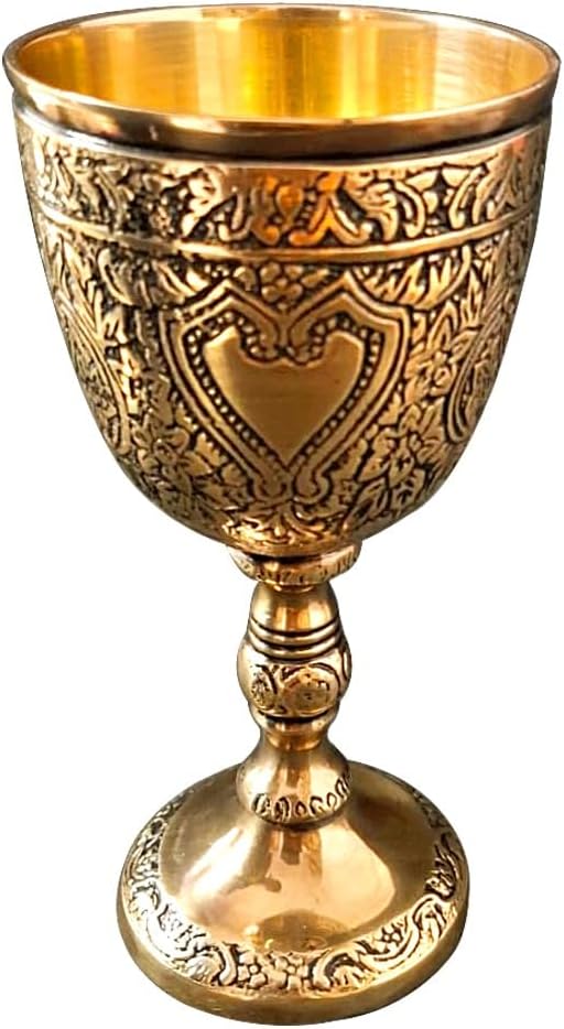Solid Brass Vintage Chalice Goblet Golden Roman King Arthur Wine Cup Renaissance Medieval Drinking Goblet Unique Gift (Brass Antique,150 ml)