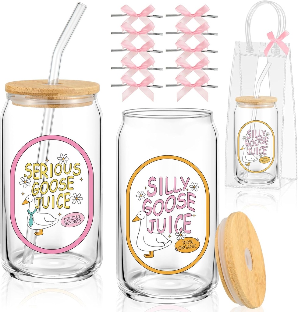Set of 2 Silly Goose Juice Glass Cup with Clear Gift Bag Bow Coquette Glass Tumbler with Straw and Lid DIY Bow 16 oz Funny Iced Coffee Tumbler for Easter Birthday Gift