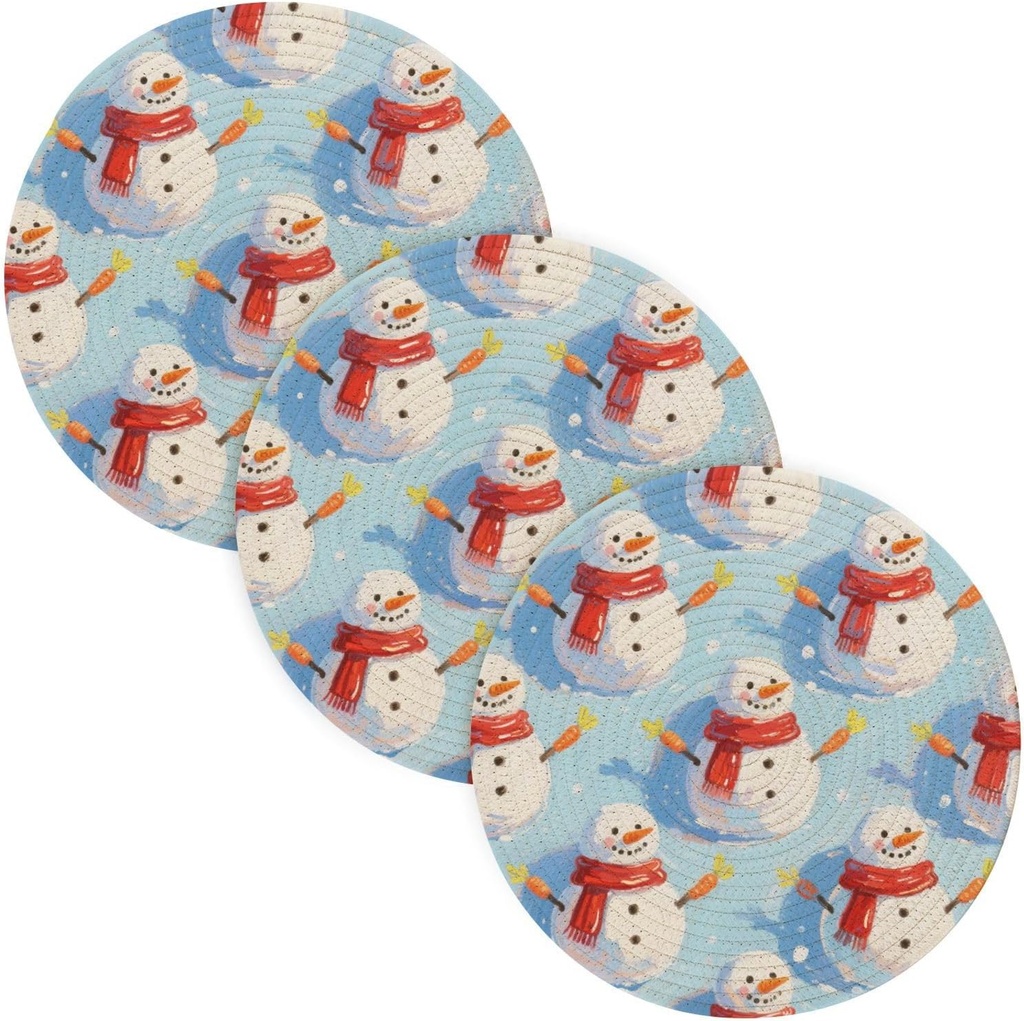 3 Pcs Trivet Mat Set for Crock Pot Merry Christmas White Snowman 15in Polyester-Cotton Thread Weave Home Decor alfombrilla de para cocina