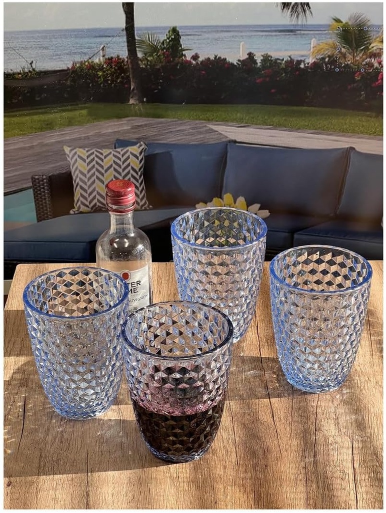 Diamond Cut Acrylic Drinking Glasses Set of 4, 12oz Shatterproof Plastic Drinkware, Elegant Cocktail Glasses, Blue