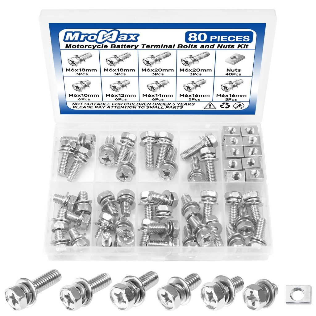 80PCS Motorcycle Battery Terminal Bolts and Nuts Kit, 304 Stainless Steel Battery Terminal Screws with Square Nuts, M6x10/12/14/16/18/20mm Battery Bolt for ATV Bike, Motorcycle, Scooter