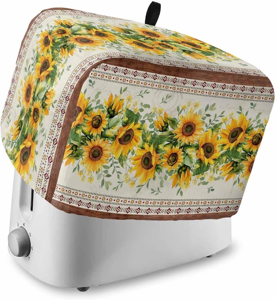 Sunflower Brown Toaster Cover 4 Slice, Retro Southwest Country Plant Leaf Floral Dustproof Bread Machine Oven Cover with Storage Pockets, Fits Most Kitchen Toasters Protector