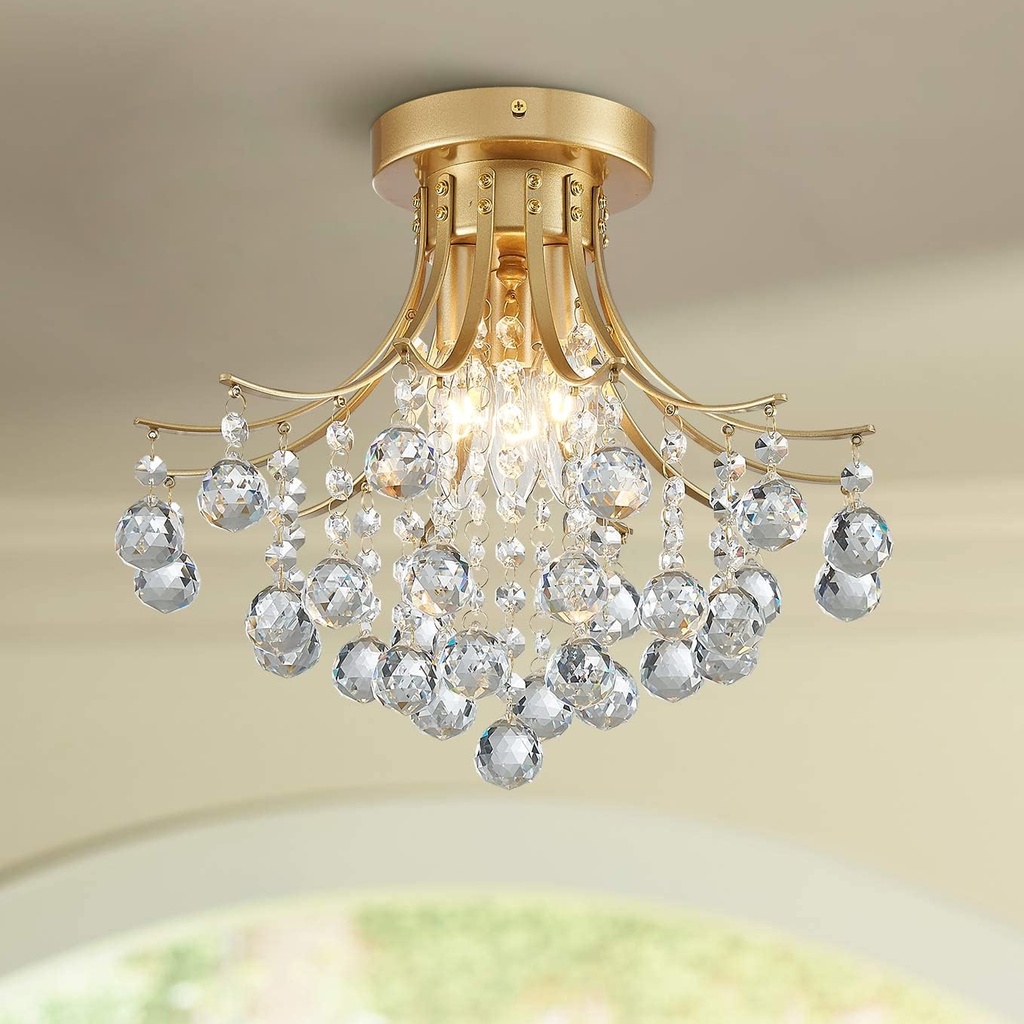 Bestier Modern Gold Crystal Semi-Flush Mount Chandelier Lighting Ceiling Light Fixture Lamp for Diningroom Bathroom Bedroom Livingroom 3 E12 Bulbs Required D13.5 inch X H11.6 inch