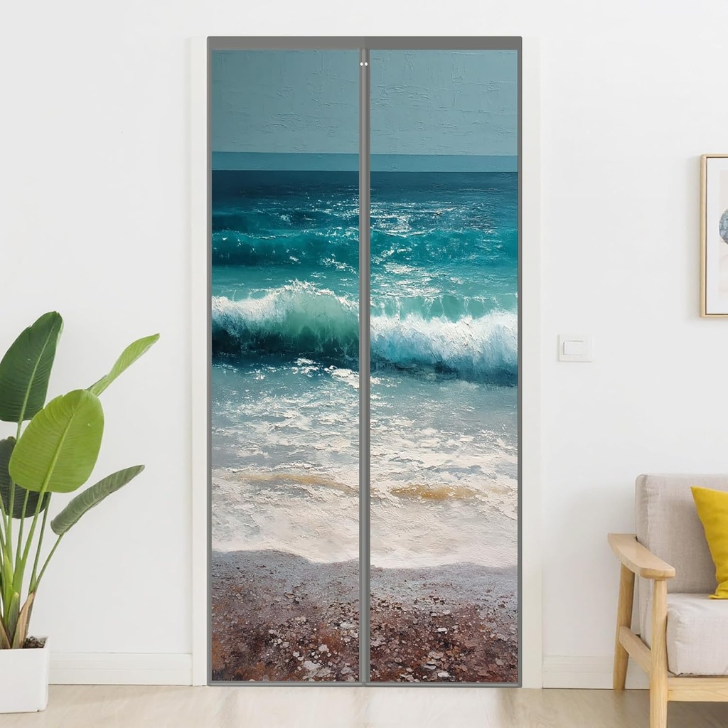 Beach Magnetic Screen Door, Ocean Wave Summer Coastal Seascape Door Curtain with Magnets, Self-Sealing Privacy Mesh for Entry Patio Bedroom 30 x 80 Inch