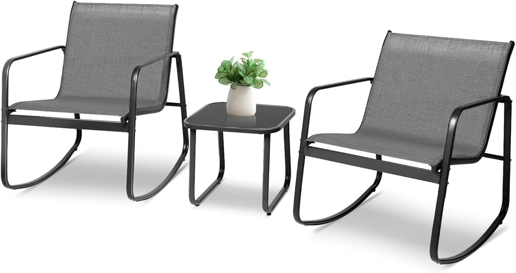 3 Pieces Patio Furniture Set Outdoor Wicker Conversation Set Modern Black Rattan Balcony Chair Sets with Coffee Table for Yard and Bistro(Grey)