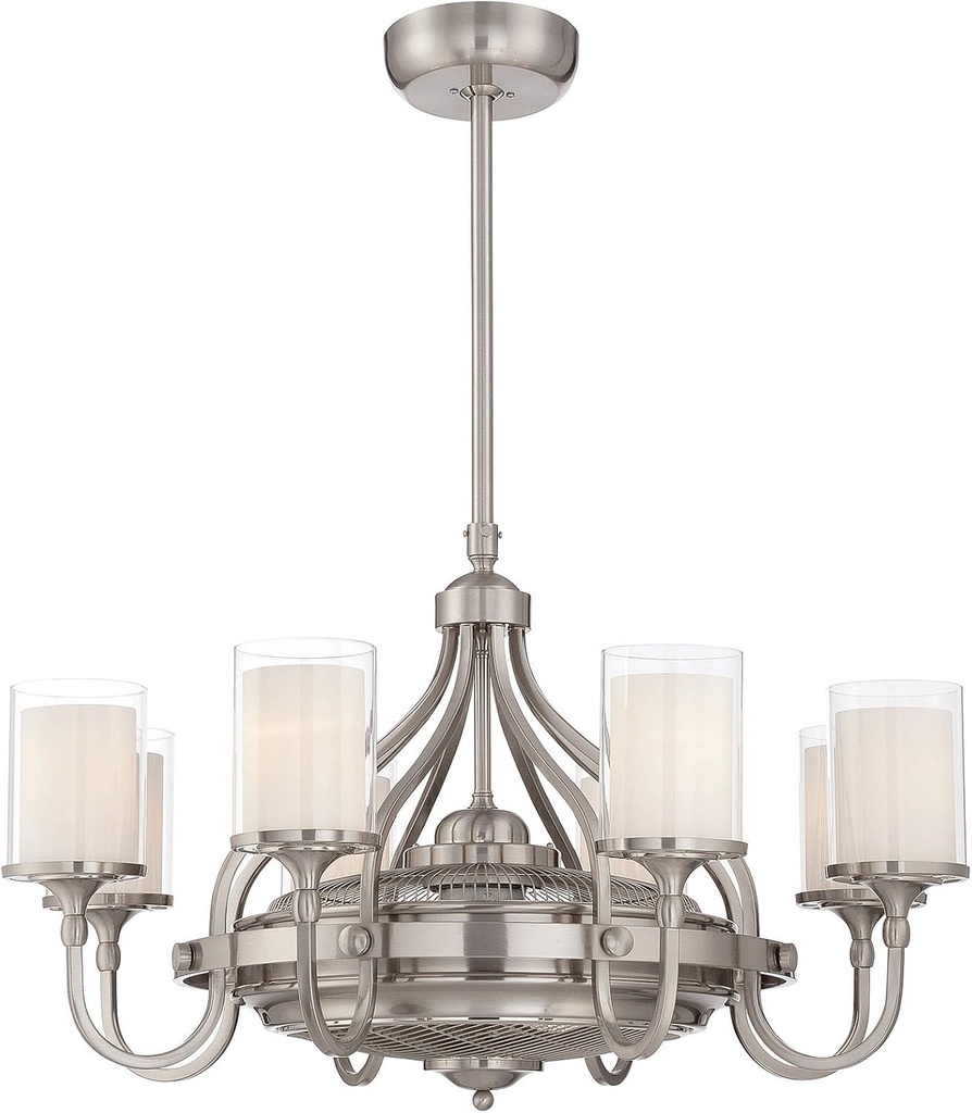 Savoy House 36-329-FD-SN Etesian Coastal Traditional Clear/Cream Glass Chandelier Fan Fandelier with Light and Remote, 26" H x 36" W, Satin Nickel