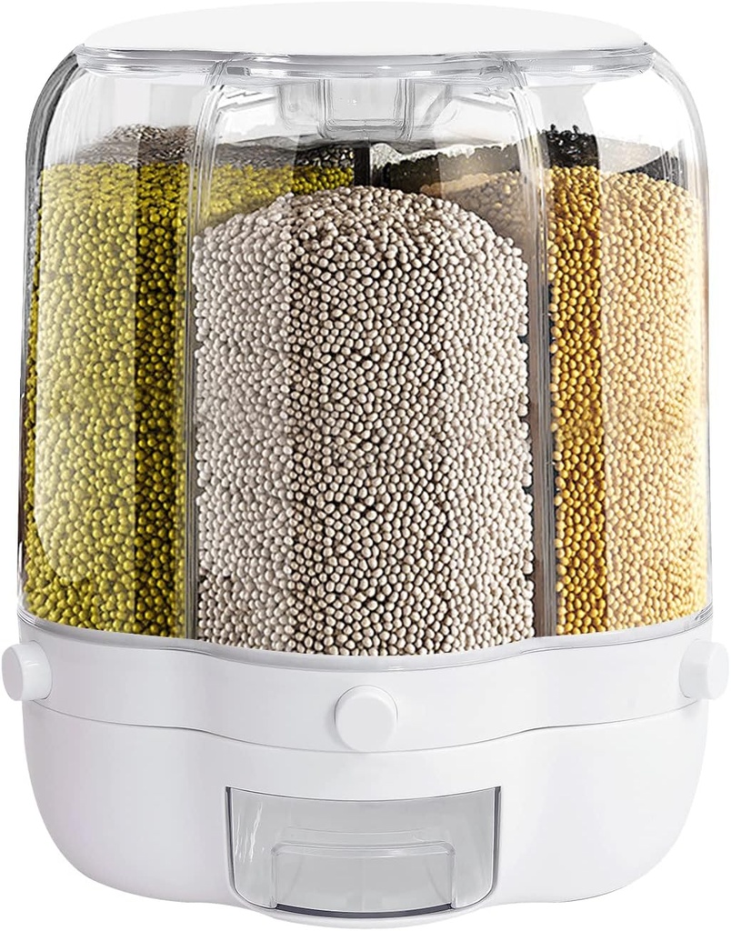 Grain Dispenser, 360° Rotating 6 Grid Food Storage Container with Lid, Automatic Rice Bucket, Kitchen Storage Bin for Beans, Corns, Wheat, Oatmeal